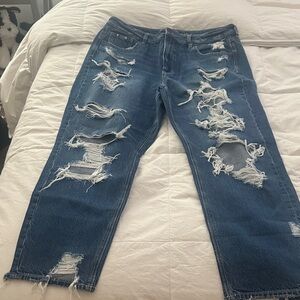 Distressed Dark Blue Ripped Boyfriend Jeans